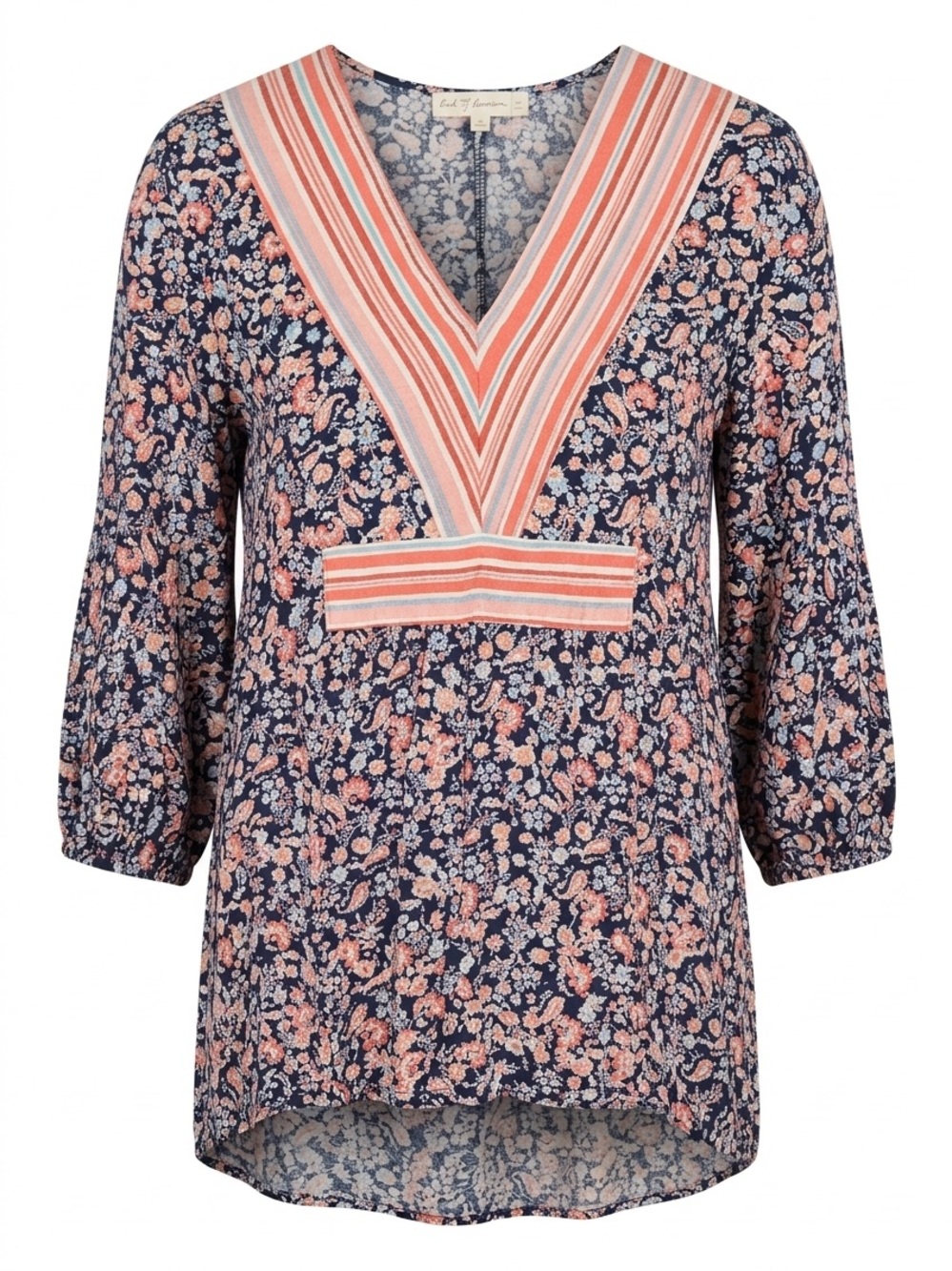 V-Neck Floral Tunic Blouse - Coral & Navy